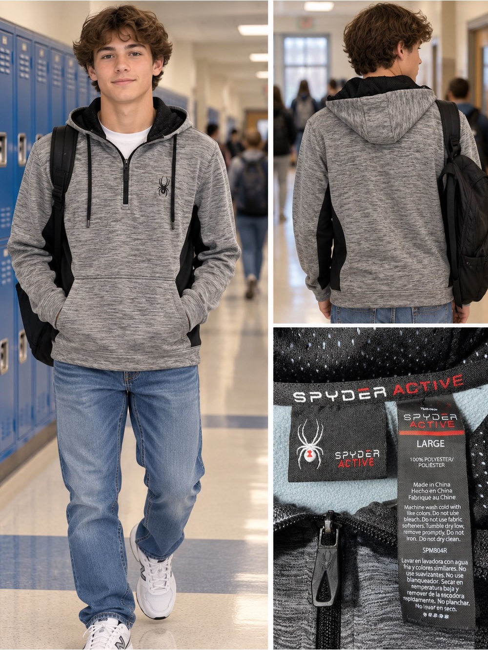 Spyder Active Men’s Large Gray Black 1/4 Zip Hooded Performance Pull